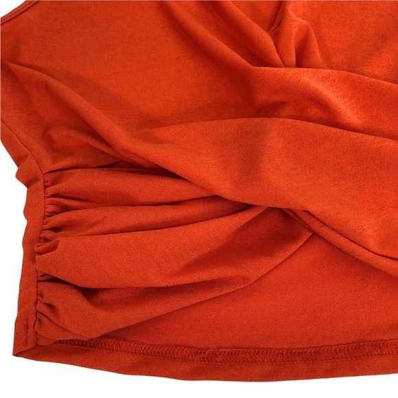 JOA Faux Wrap Top Orange Plunge V-Neck Ruched Stretch L - Picture 6 of 6